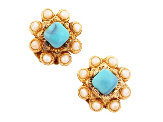 Dainty Turquoise Cabochon and Pearl Halo Earrings… - image 1