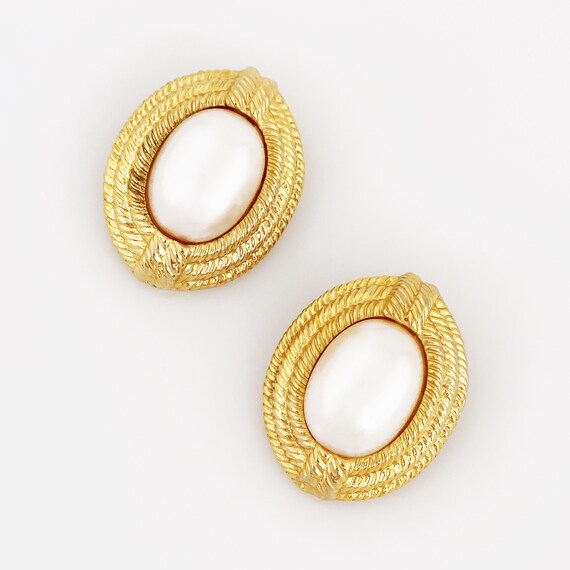 Gold Braid Texture Statement Earrings With Faux P… - image 3