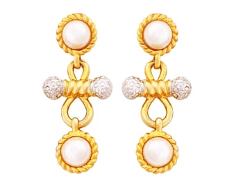 Two Tone Pearl Cabochon Drop Statement Earrings By Modle, 1980s