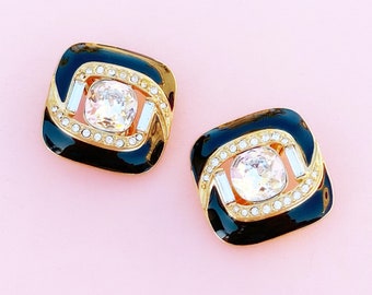 Vintage Gilt & Black Emaille Crystal Statement Oorbellen van Trifari, jaren 1980