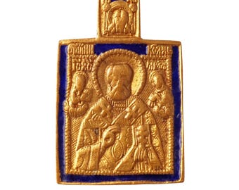 Bronze St. Nicholas Pendant With Blue Enamel Detail By Line Vautrin, 1960s