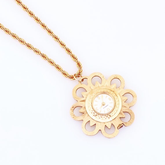 Mid Century Floral Watch Pendant Necklace By Cara… - image 6