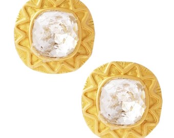 Pendientes Sunburst dorados con cristales extra grandes de Leslie Block, década de 1980