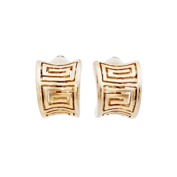 Gold Greek Key Huggie Hoop Earrings, 1990s - image 1