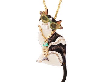 Collar/broche llamativo de gato callejero de esmalte y diamantes de imitación, de Lunch at the Ritz, década de 1990