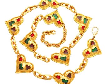 Rare Gilded Heart Chain Link Statement Necklace/Belt By Edouard Rambaud, 1990s
