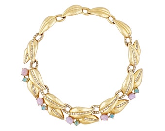 Collar de gargantilla Gold Leaf Link con ópalos falsos de Givenchy, década de 1980