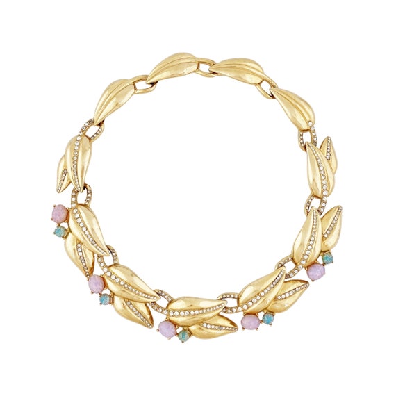 Gold Leaf Link Choker Necklace With Faux Opals By… - image 1