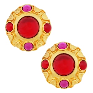 Pink & Red Glass Cabochon Oversized Coin Statement Earrings By Escada, 1990s