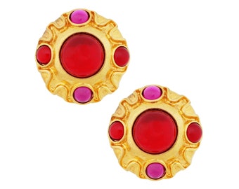 Rosa & Rote Glas Cabochon Oversized Coin Statement Ohrringe Von Escada, 1990er Jahre