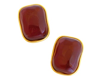 Chunky Burnt Orange Resin Cabochon Earrings With Satin Gold Bezel, 1980s