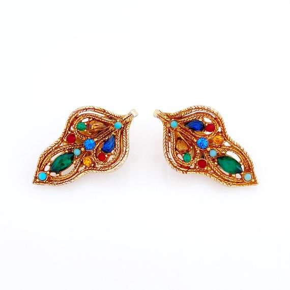 Braided Filigree Jewel Tone Rhinestone Leaf Earri… - image 2