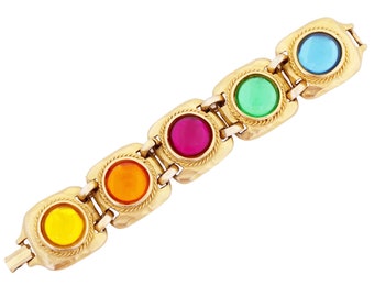 Colorful Glass Cabochon Hammered Gold Link Statement Bracelet By Gemcraft, 1980s
