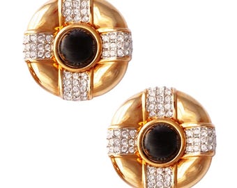 Gilt and Crystal Pavé Button Earrings With Onyx Glass Cabochons By Swarovski, 1980s