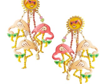 Rare "Tickled Pink" Flamingo Dangle Earrings By Lunch at the Ritz, 1980s