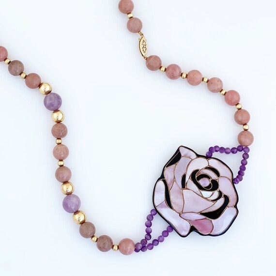 Dusty Pink and Purple Mother of Pearl Inlay Rose … - image 2