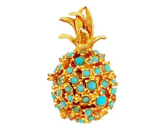 Turquoise Encrusted Pineapple Figural Brooch By Jeanne, 1960s