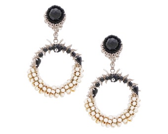 Black & White Beaded Drop Hoop Statement Earrings By Original By Robért, 1950s