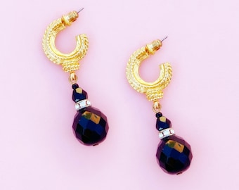 Pendientes vintage dorados con jet dangle facetado, década de 1980