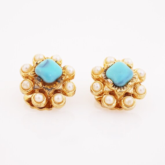 Dainty Turquoise Cabochon and Pearl Halo Earrings… - image 3