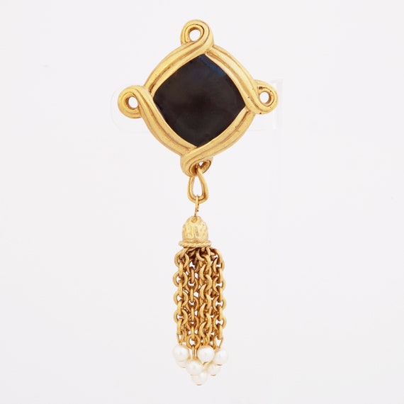 Gilded Black Enamel Brooch With Chain & Pearl Tas… - image 2