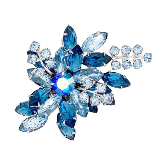 Layered Blue Rhinestone Floral Juliana-Style Brooc