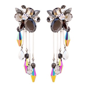 Hematite Crystal Cluster Statement Earrings With Iridescent Bead Drop, 1980s