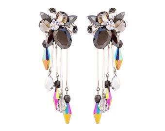 Pendientes de hematita Crystal Cluster Statement con gota de cuentas iridiscentes, década de 1980