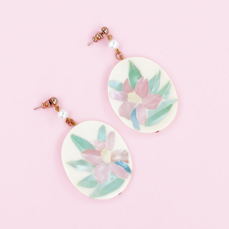 Pastel Mother of Pearl Floral Drop Earrings, 1980s image 3