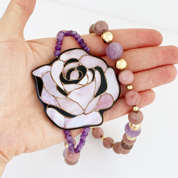 Dusty Pink and Purple Mother of Pearl Inlay Rose … - image 8