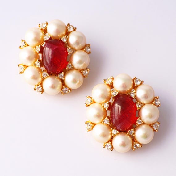 Pearl, Crystal and Ruby Statement Earrings By Gro… - image 2