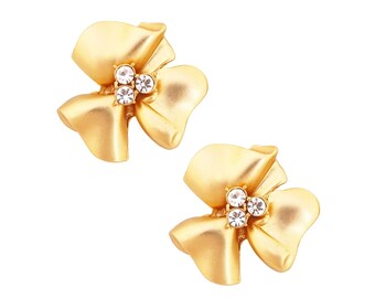 Gilded Ribbon Flower Earrings With Crystal Accents, 1980s