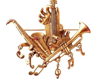Gilded Jazz Themed Musical Brooch By American Jewelry Company, 1980s
