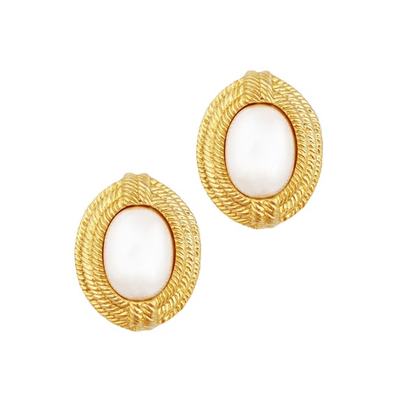 Gold Braid Texture Statement Earrings With Faux P… - image 1