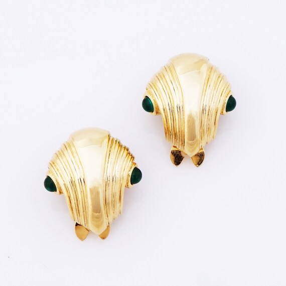 Gold Statement Earrings With Emerald Glass Caboch… - image 2