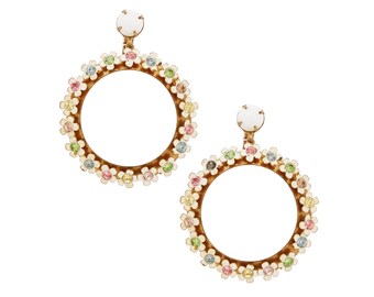 White Enamel Flower Drop Hoop Earrings With Pastel Rhinestones, 1960s
