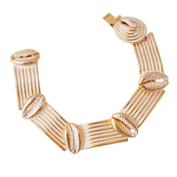 Gilt & White Enamel Seashell Link Bracelet By Fre… - image 1