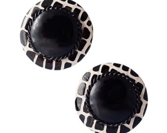 Faux Leather Black and White Giraffe Print Button Earrings, 1980s
