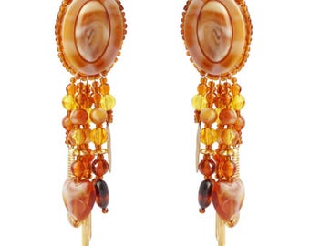 Neutral Tone Beaded Dangle Earrings With Heart Motif By Chipita, 1980s