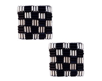 Black and Silver Tube Bead Checkered Square Earrings, 1980s