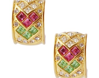 Gilded Pastel Crystal Encrusted Chunky Hoop Earrings By Joan Rivers, 1990s