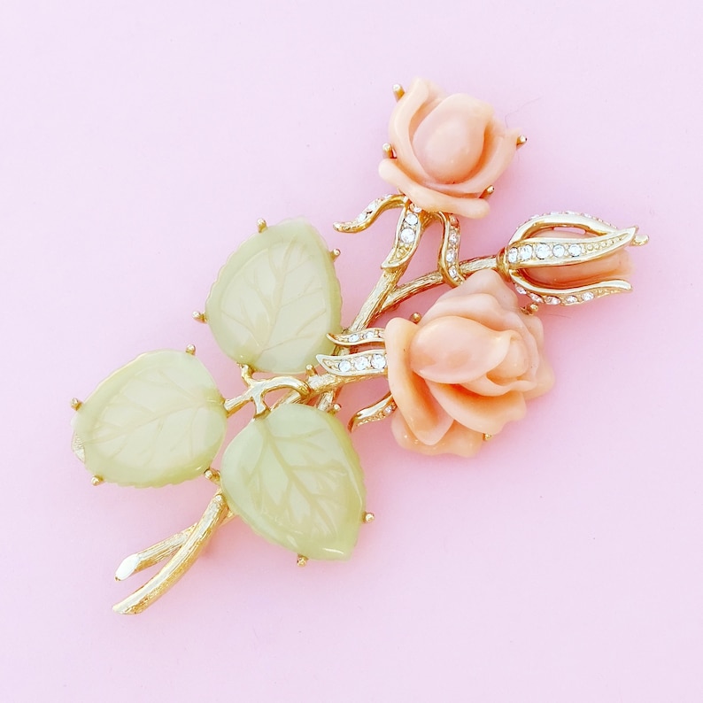 1990s Vintage Oversized Gilt Figural Roses Brooch with Faux Coral /& Jade by Nolan Miller