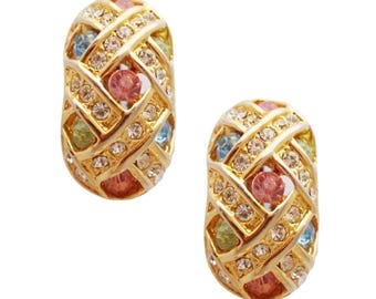Gilded Pastel Crystal Encrusted Chunky Domed Basket Weave Earrings, 1980s