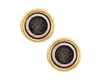 Mixed Metal Roman Coin Button Earrings By Ciner, 1980s