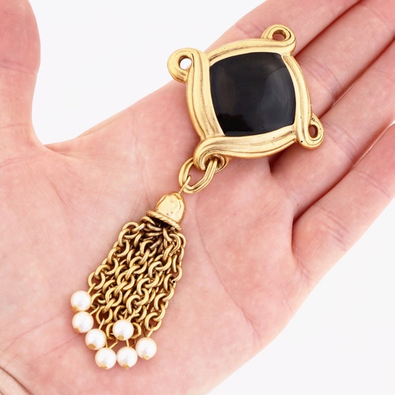 Gilded Black Enamel Brooch With Chain & Pearl Tas… - image 4