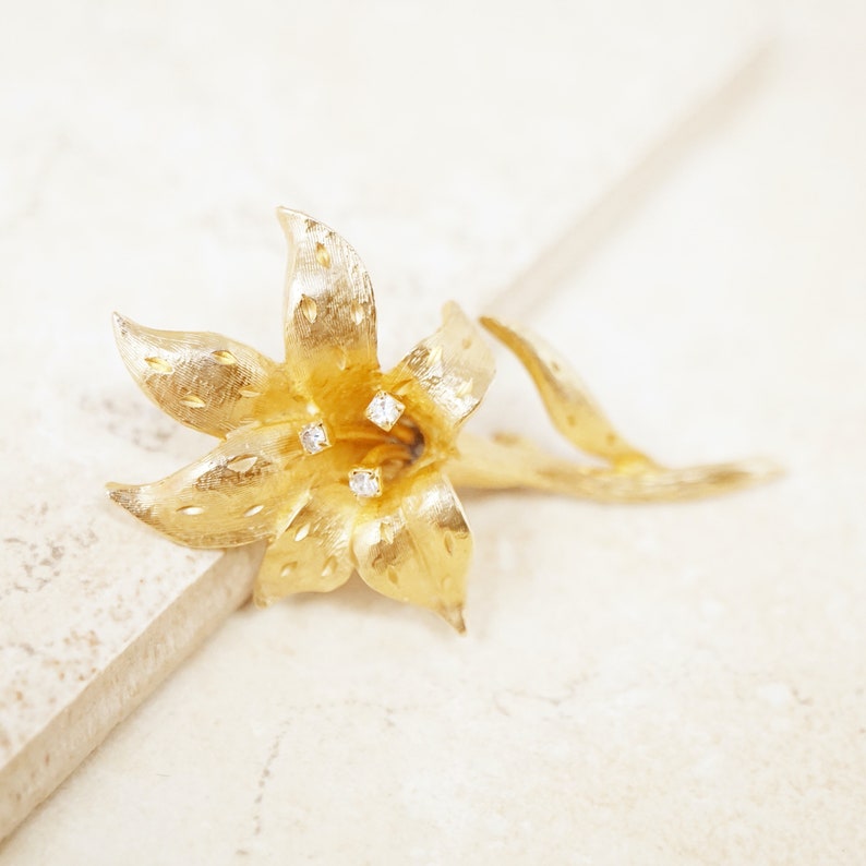 Vintage Gilded Lily Flower Figural Brooch with Crystal Rhinestones by Erwin Pearl 1990s