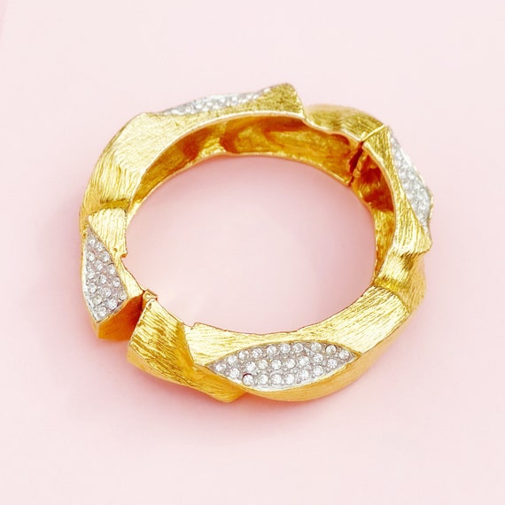 Vintage Gilt & Crystal Pavé Textured Clamper Bang… - image 2