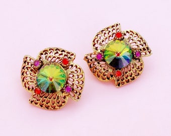 Vintage Sandía Rivoli Vitrail Crystal Golden Filigree Declaración Pendientes, década de 1950