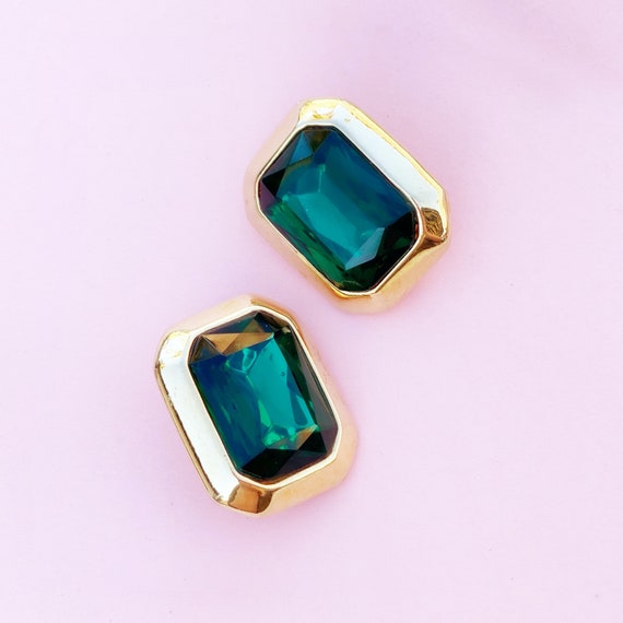 Vintage Gilt & Emerald Crystal Statement Earrings… - image 1