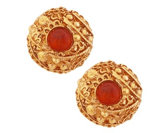 Getextureerde Gouden Dome Statement Oorbellen Met Amber Cabochons Door Alexis Lahellec, jaren 1980